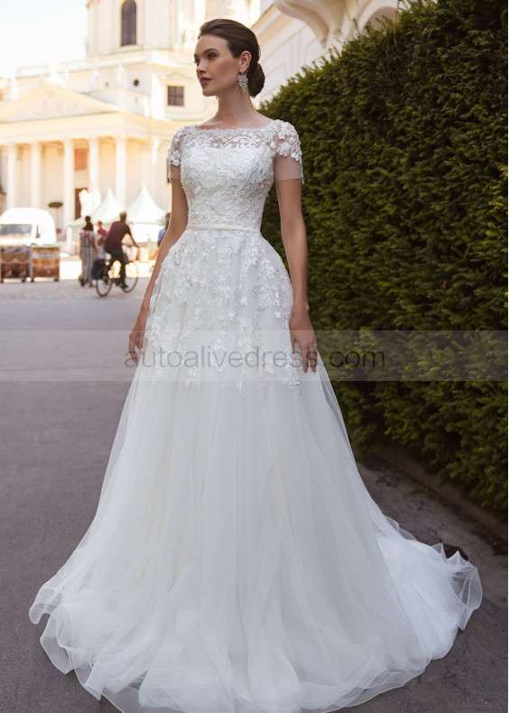 Short Sleeves Beaded White Lace Tulle Wedding Dress